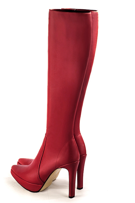 Cardinal red women's feminine knee-high boots. Tapered toe. Very high slim heel with a platform at the front. Made to measure. Rear view - Florence KOOIJMAN